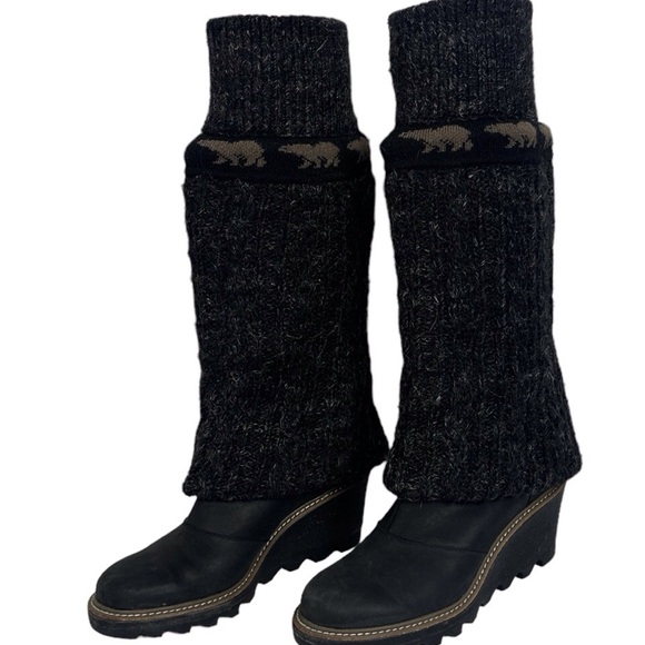 Sorel Crazy Cable Wedge Knit Winter Boots Leather Size 39.5 or 8.5 Black Tall - Picture 6 of 9